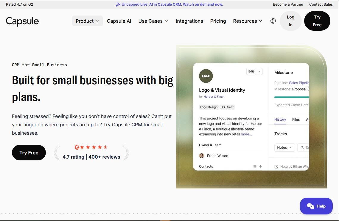 Capsule CRM dashboard for small business