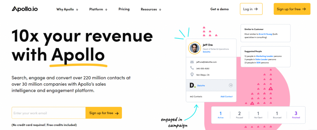 Apollo.io company and contact search results for B2B prospecting