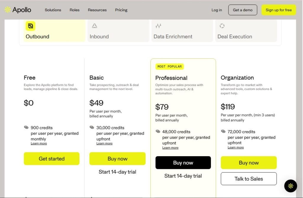 "Apollo.io pricing plans Free Basic Professional Organization 2026