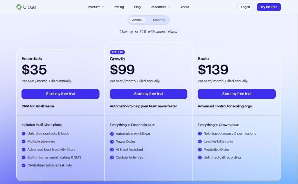 Close CRM pricing plans Starter Basic Professional Business 2026 for inside sales