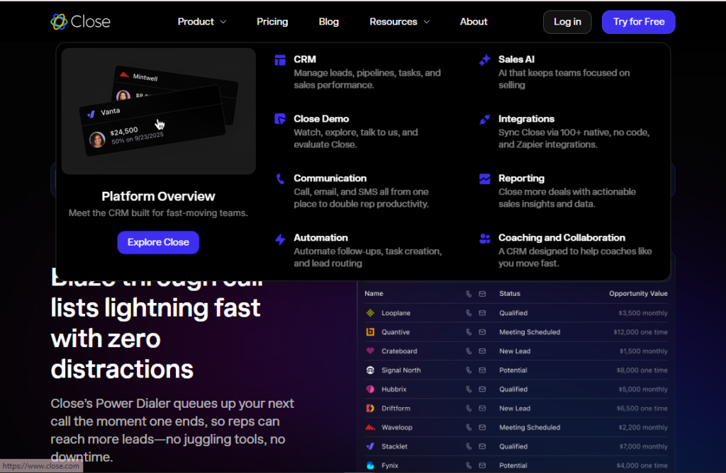 Close CRM productivity increase for inside sales teams power dialer