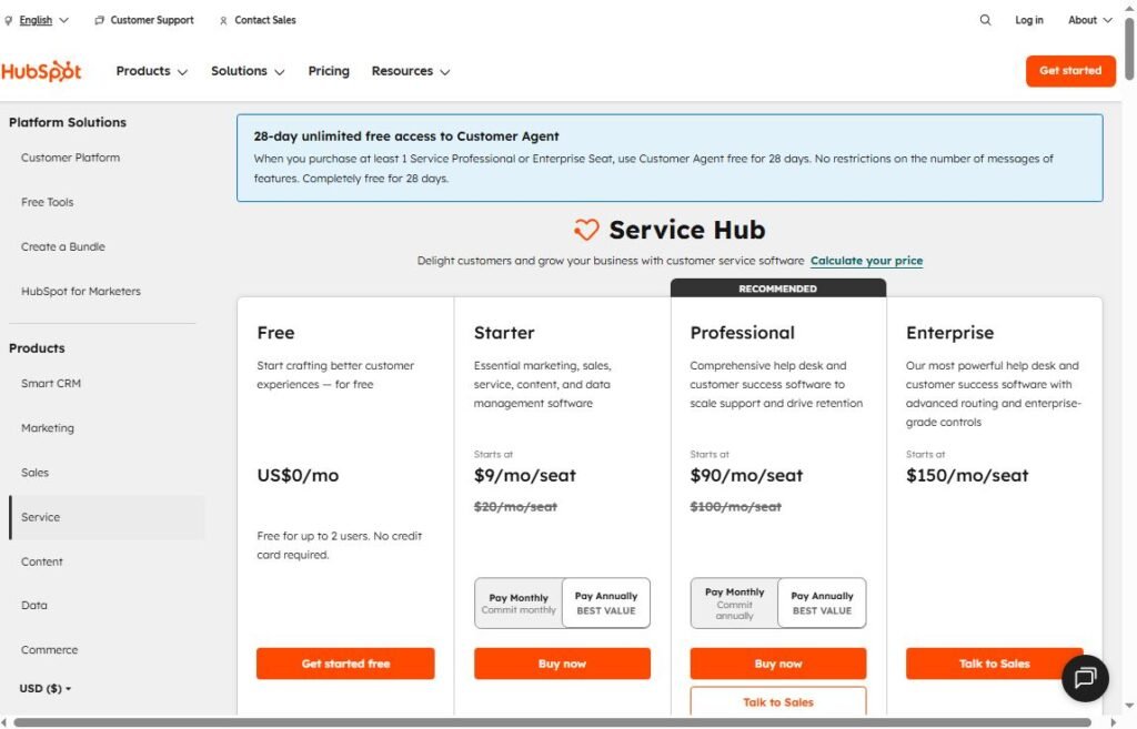 HubSpot pricing plans Free Starter Professional Enterprise 2026