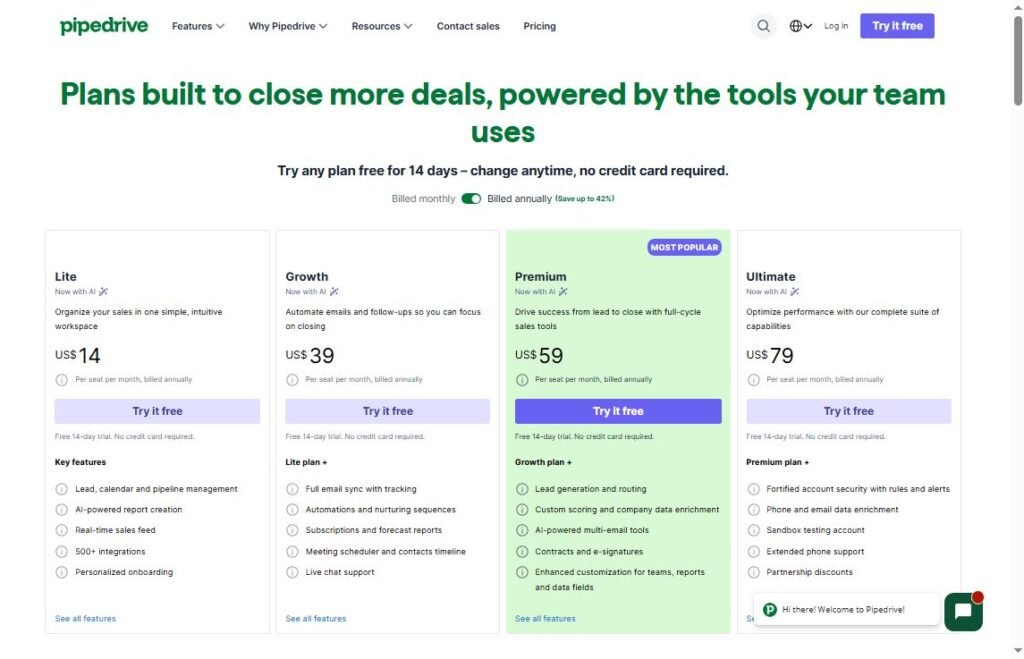 Pipedrive pricing plans Essential Advanced Professional Power 2026
