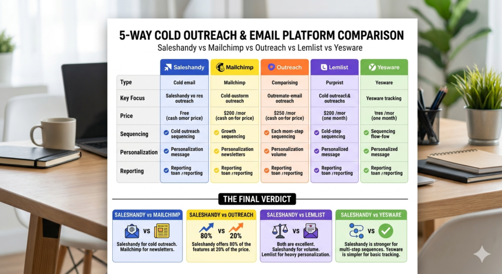 Saleshandy vs Mailchimp vs Outreach vs Lemlist vs Yesware comparison
