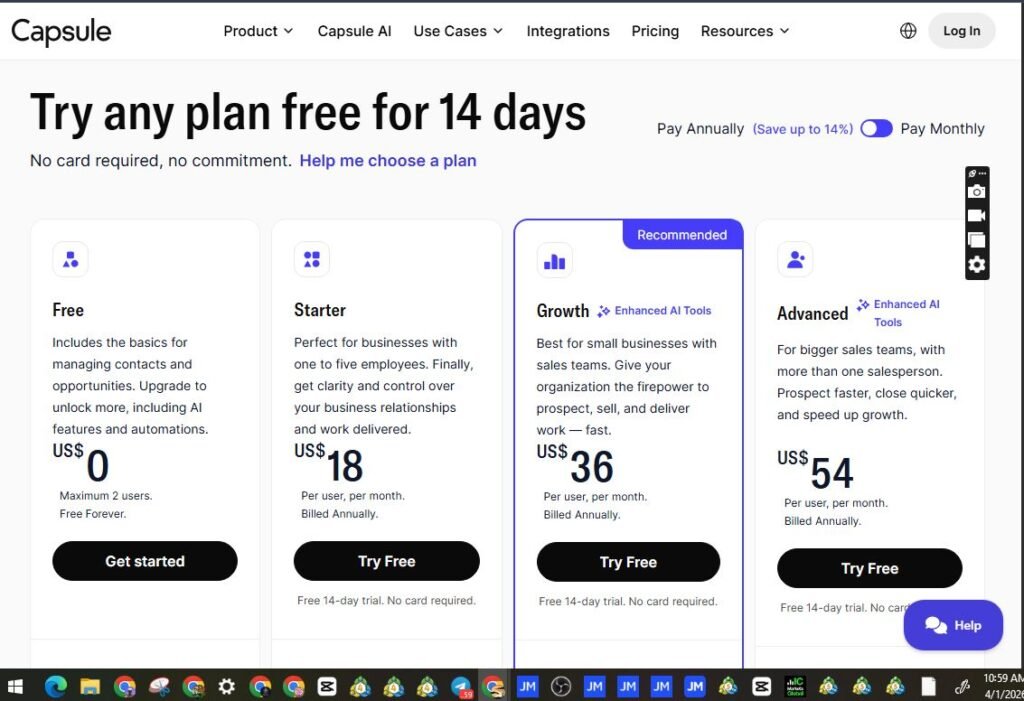 Capsule CRM pricing plans 2026 free professional teams enterprise