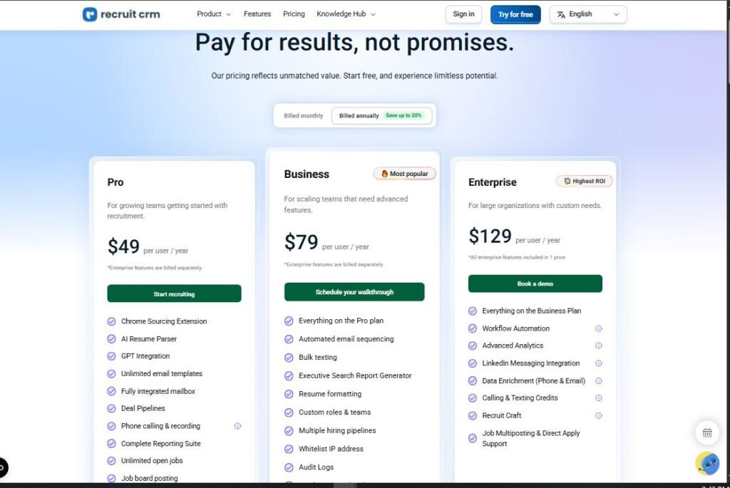 Recruit CRM pricing for recruitment agencies and staffing firms